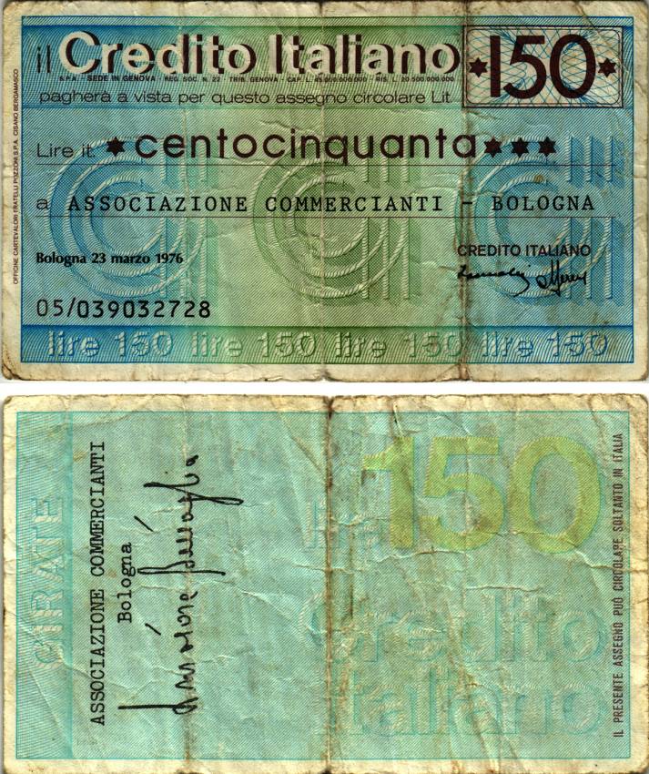 Италия чек на 150 лир 1976 Болония, 23 марта 1976, (assicoazione commercianti - bologna) бумага 6280-33-4-2