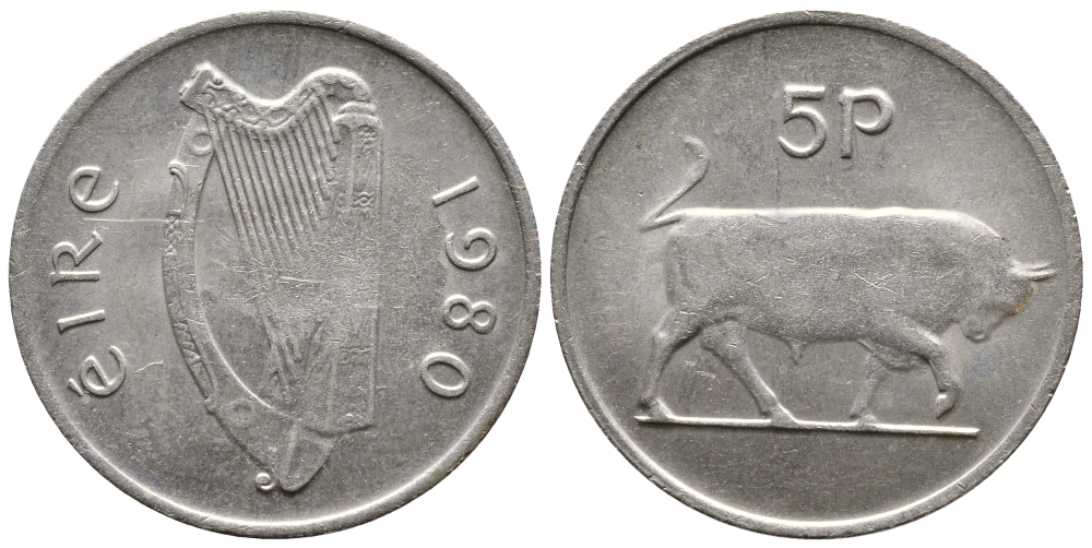 ИРЛАНДИЯ 5 ПЕНСОВ 1980 БЫК KM 22 медно-никель 4110-924