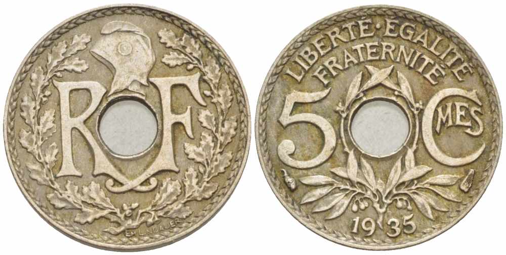 ФРАНЦИЯ 5 САНТИМОВ 1935 ТИП ЛИНДАЙЁ KM 875, LE FRANC 122.18 медно-никель 105-364