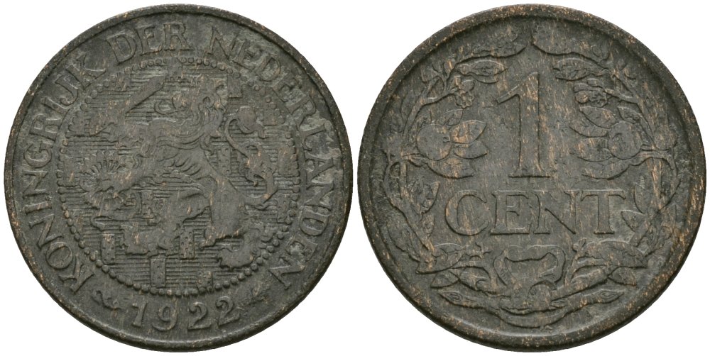 Нидерланды 1 цент 1922 Вильгельмина (1890-1948) KM 152 бронза 4576-1052