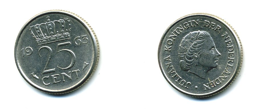 НИДЕРЛАНДЫ 25 ЦЕНТОВ 1963 ЮЛИАНА KM 183 никель 76-457