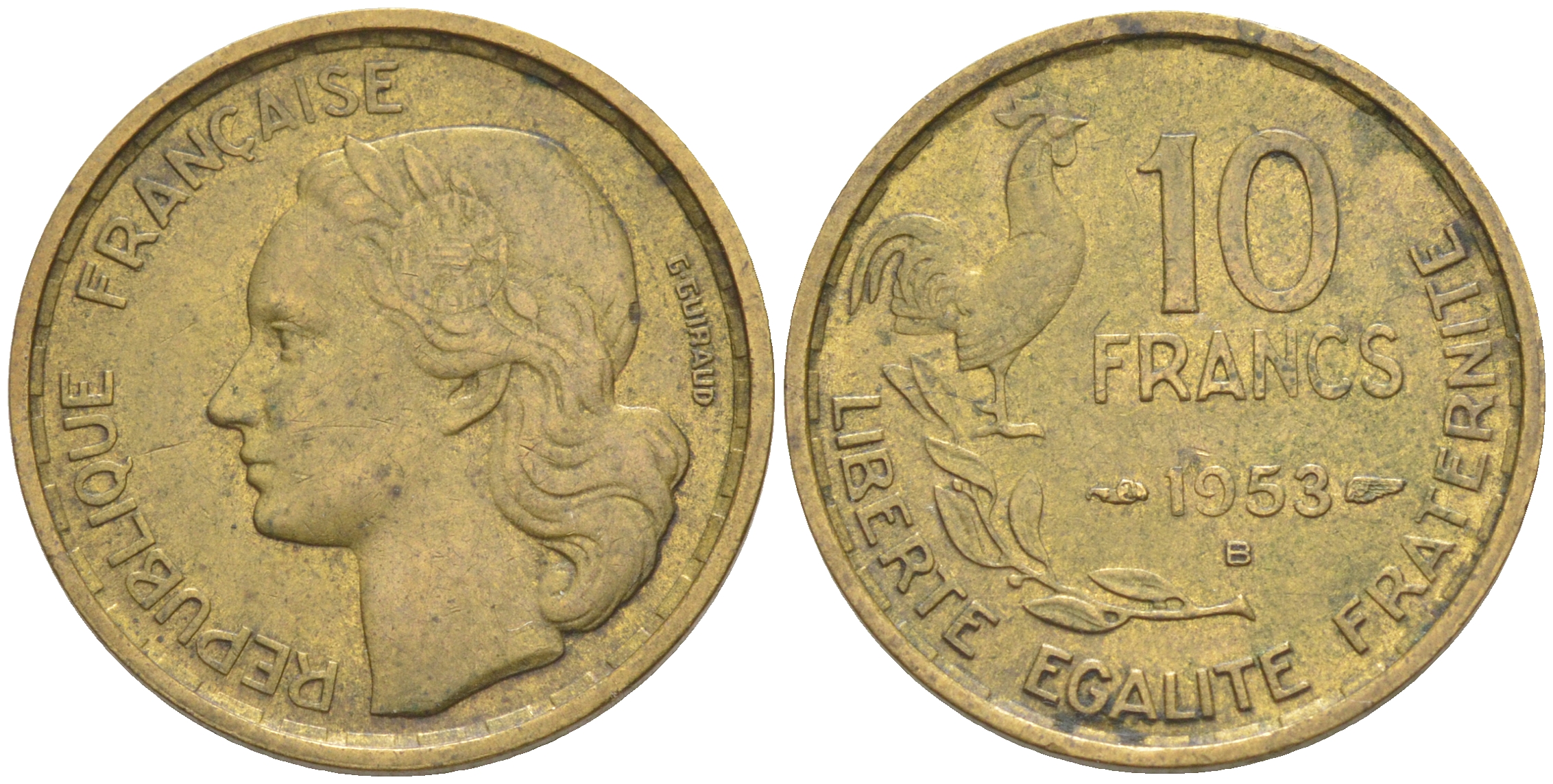 Франция 10 франков 1953 B, петух KM 915.2, Le Franc 363.9 алюминиевая бронза 187-731