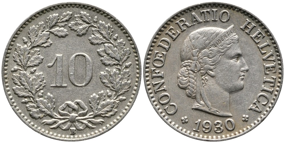 ШВЕЙЦАРИЯ 10 РАППЕНОВ 1930 В KM 27 медно-никель 4539-427