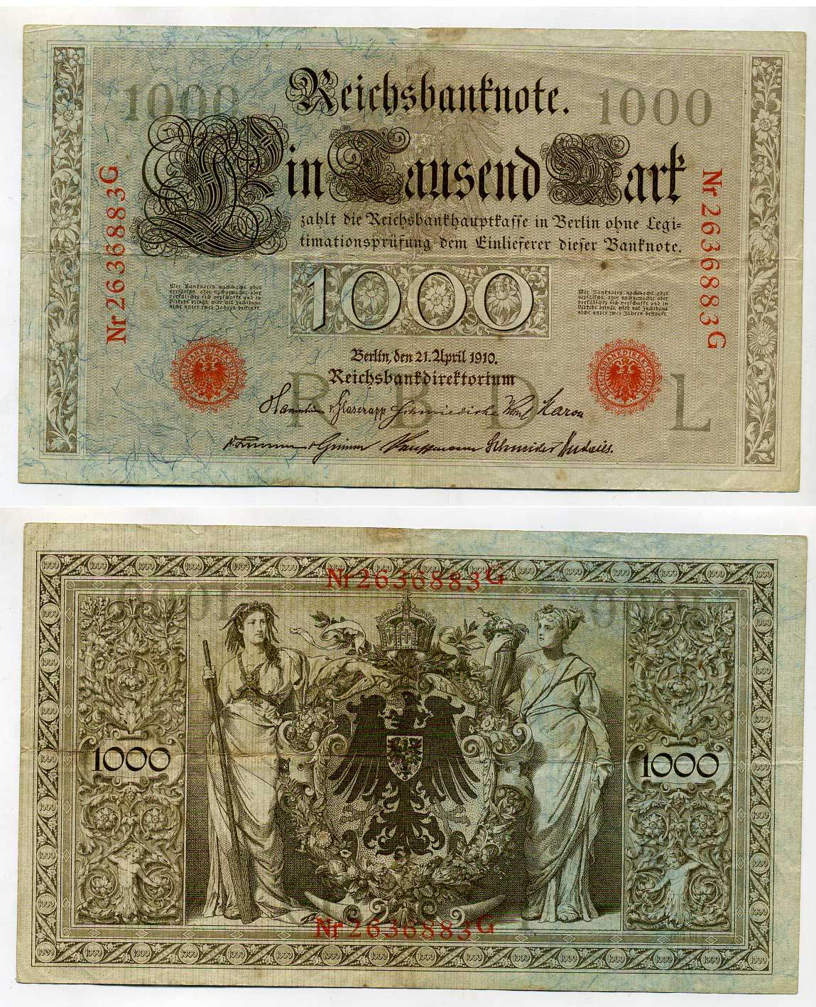ГЕРМАНИЯ 1000 МАРОК 1910 КРАСНАЯ ПЕЧАТЬ, 7 ЦИФР В НОМЕРЕ Pick 44b бумага 6293-60-1