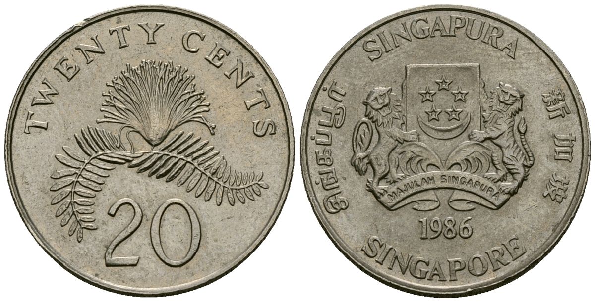 Сингапур 20 центов 1986 KM 52 медно-никель 4167-954