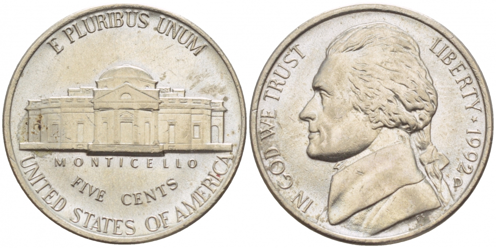 США 5 ЦЕНТОВ 1992 D, ДЖЕФФЕРСОН KM А192 медно-никель 4546-1223
