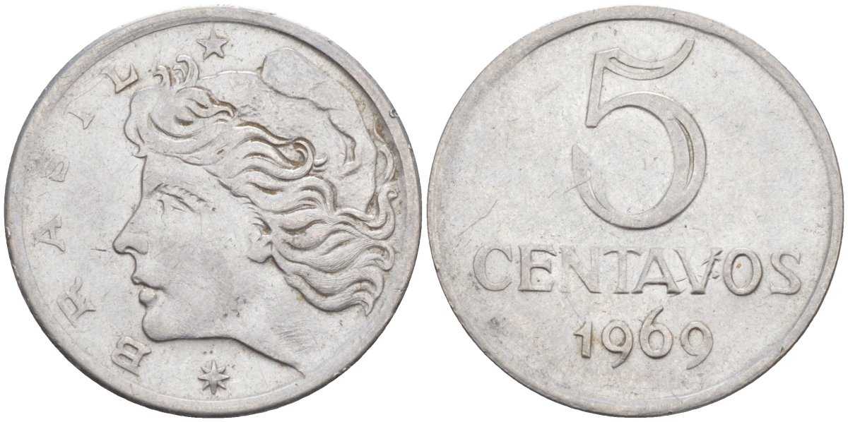 Бразилия 5 сентаво 1969  голова свободы влево KM 577.2, Schon 82a нержавеющая сталь 213-737