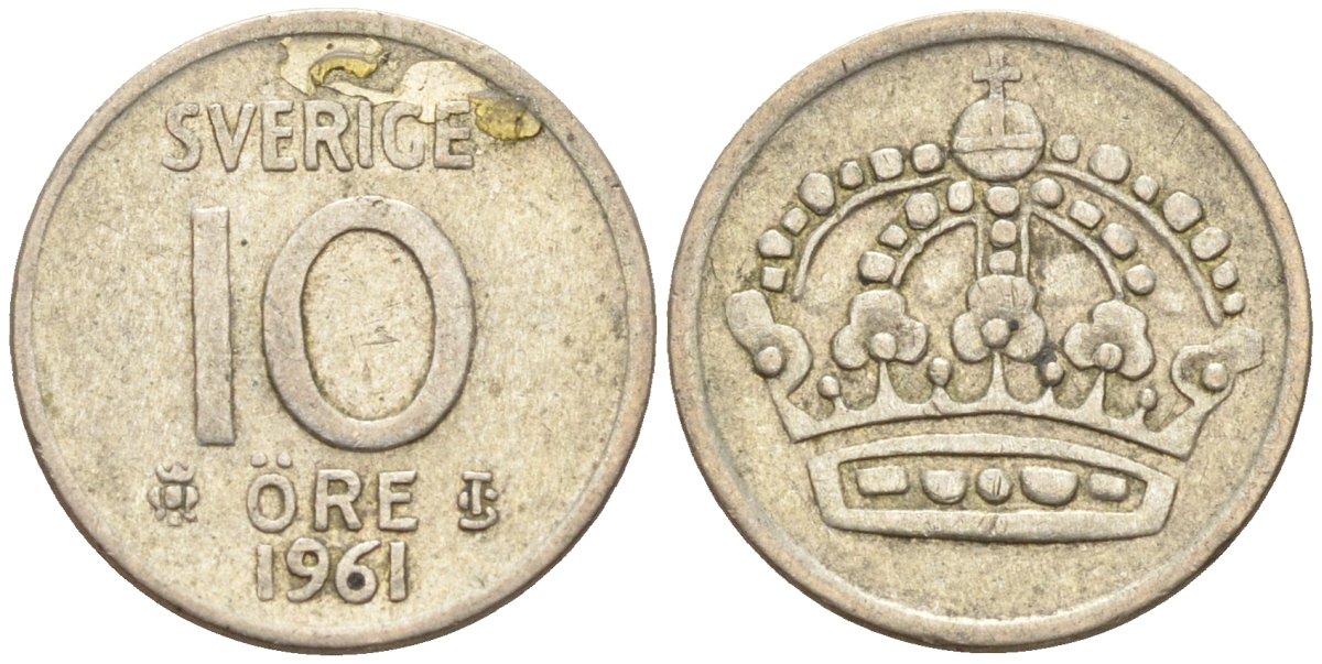 Швеция 10 эре 1961 Густав VI Адольф (1950-1973) KM 823 серебро 4147-929