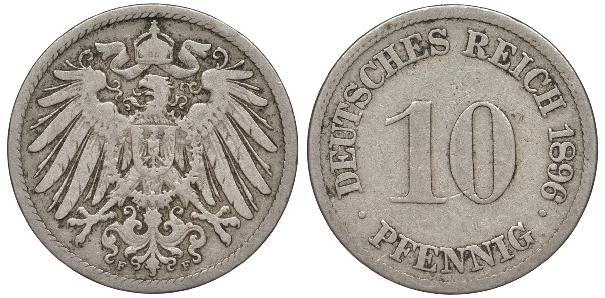ГЕРМАНИЯ 10 ПФЕННИГОВ 1896 F KM 12, J. 13 медно-никель 45-1227