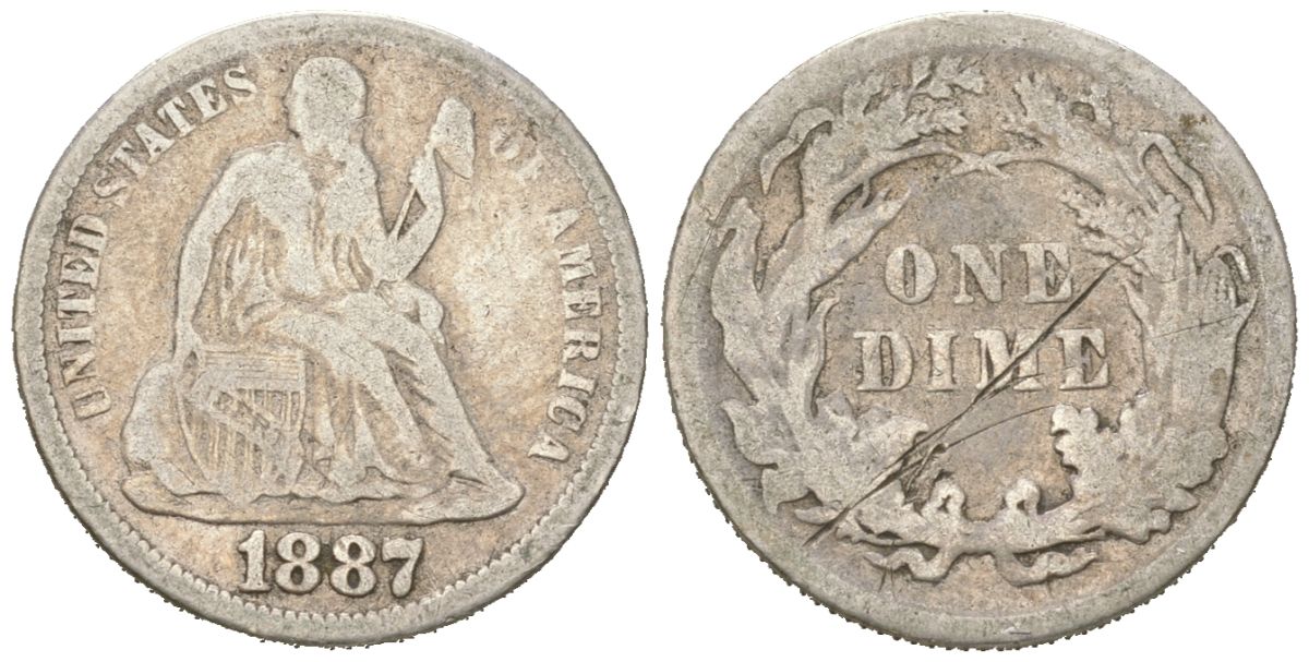 США 10 центов (дайм) 1887 KM A92 серебро 63-351