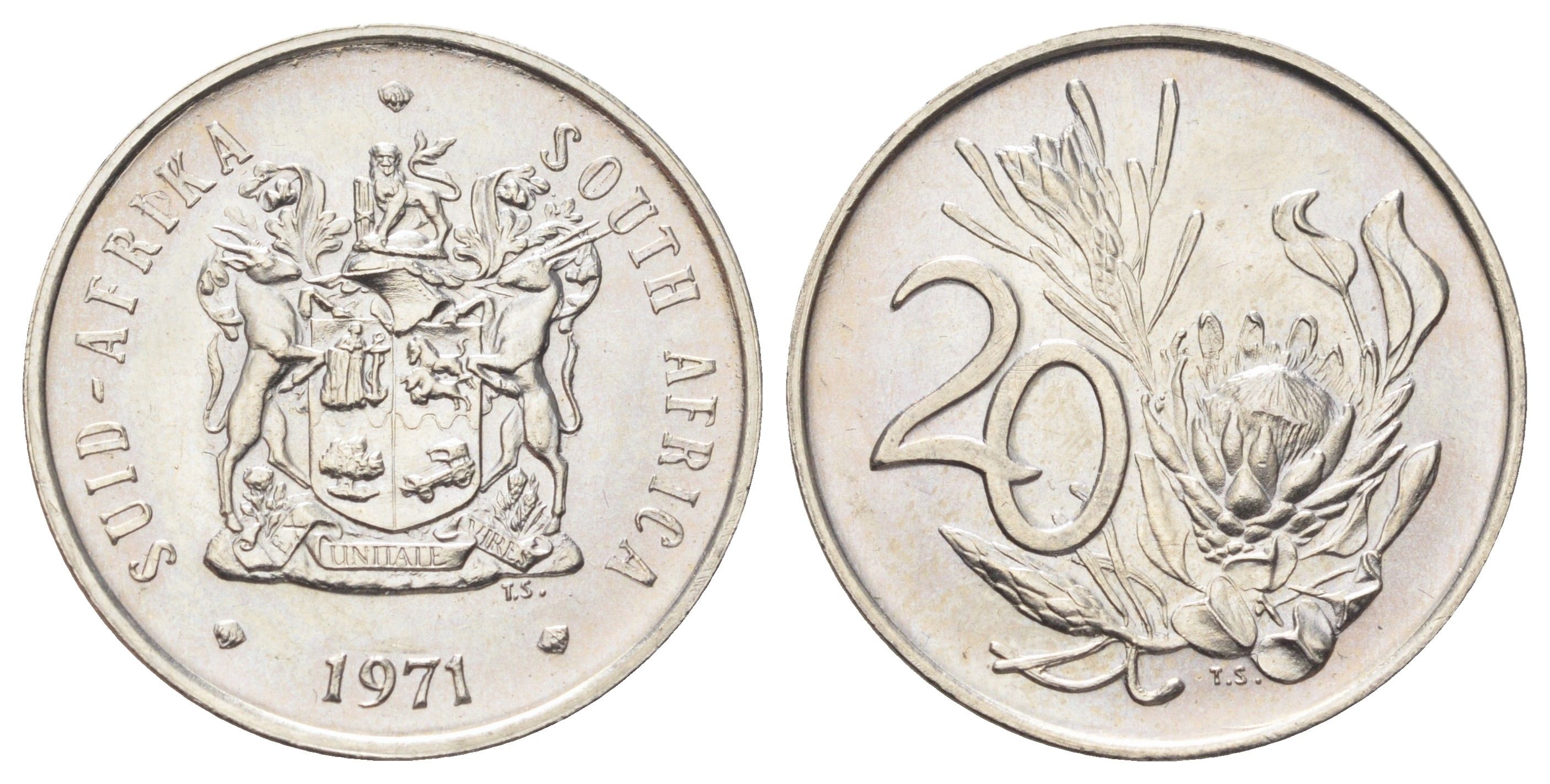 ЮАР 20 центов 1971 герб, цветок протея KM 86 никель UNC 4695-1057