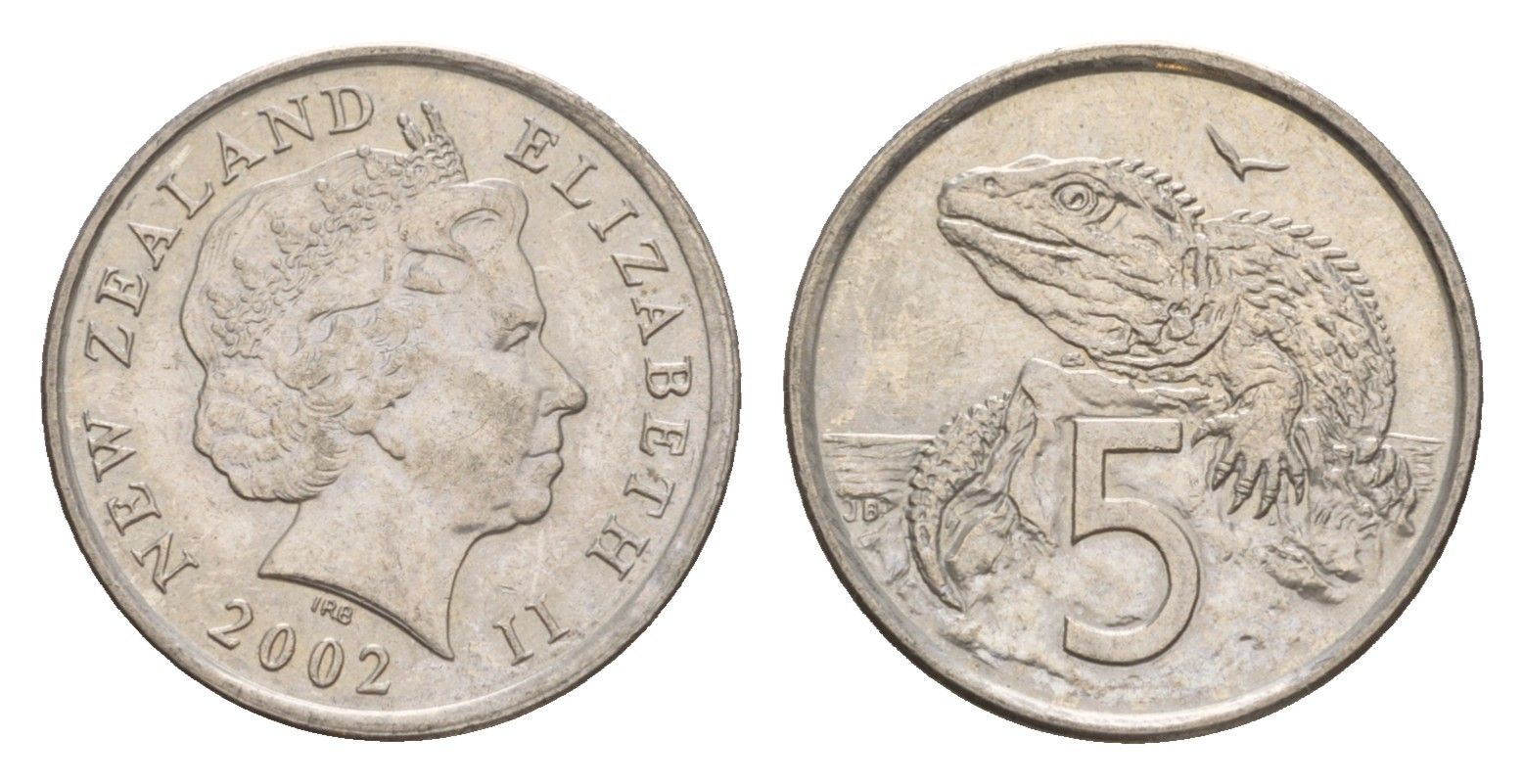Новая Зеландия 5 центов 2002 Елизавета II (1952-2022), ящерица гаттерия KM 116 медно-никель 4588-452