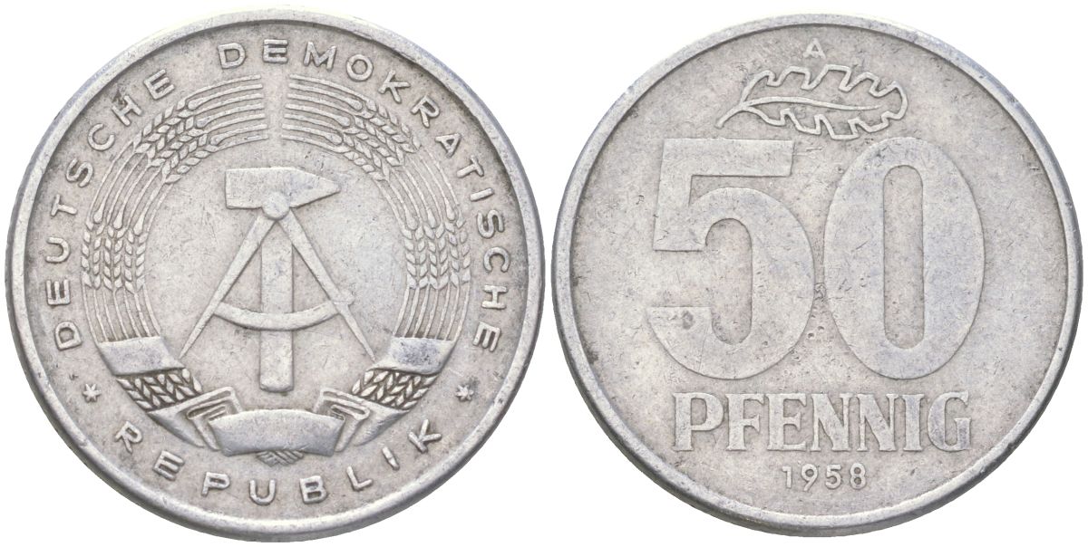 ГДР 50 пфеннигов 1958 A KM 12.1 алюминий 4163-325