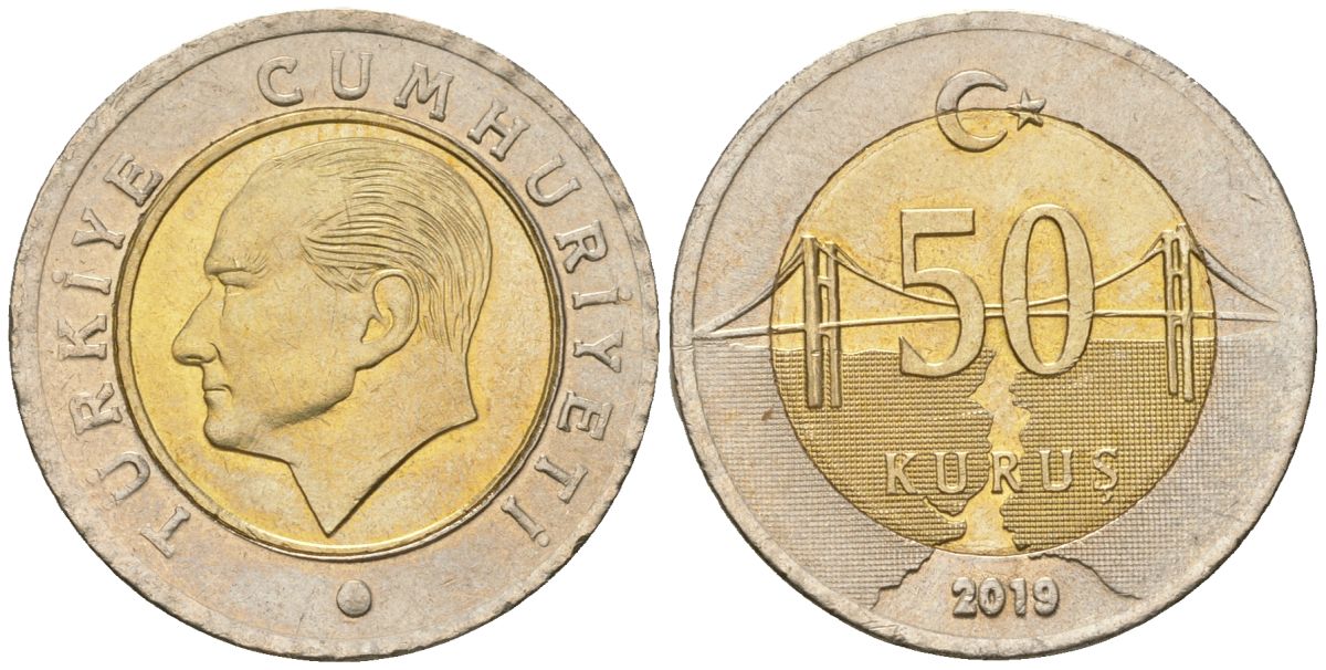 Турция 50 курушей 2019 KM 1243 биметалл 4610-1141