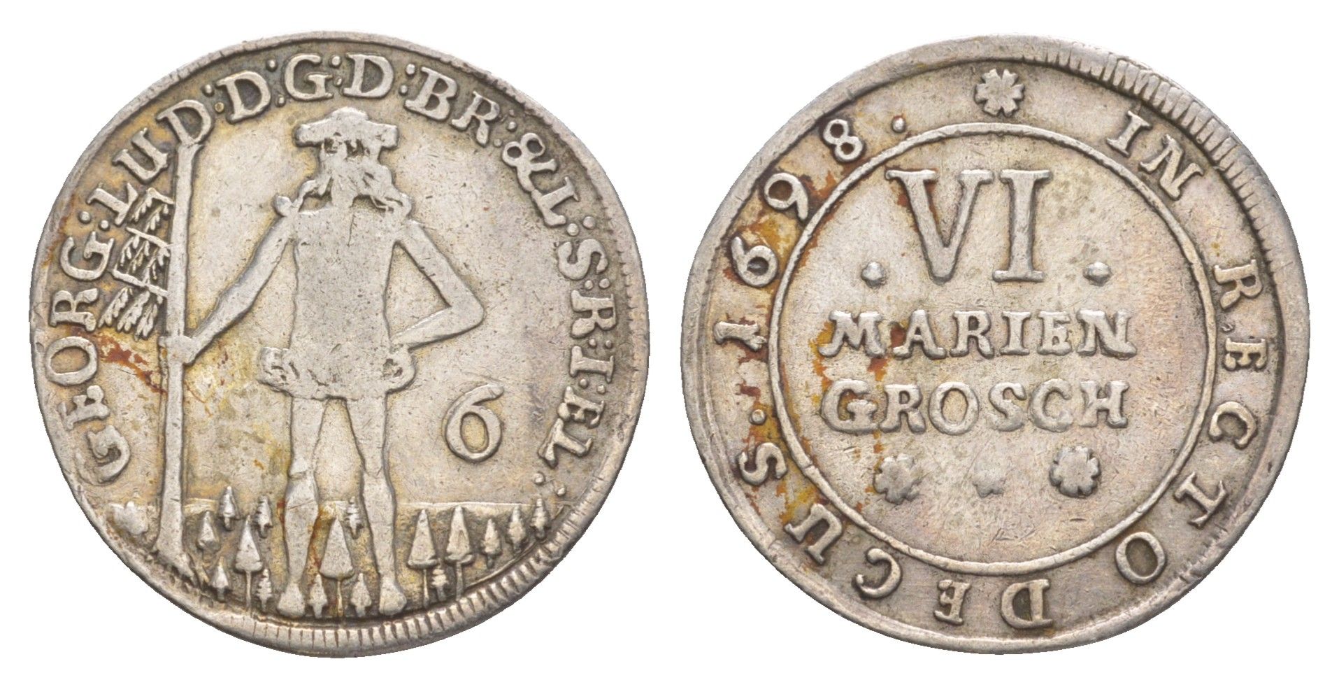 Брауншвейг-Каленберг-Ганновер 6 мариенгрошей 1698 дикарь, Георг I (1698-1727), из коллекции Ричарда Б. Смита Welter 2178 серебро 1525-115