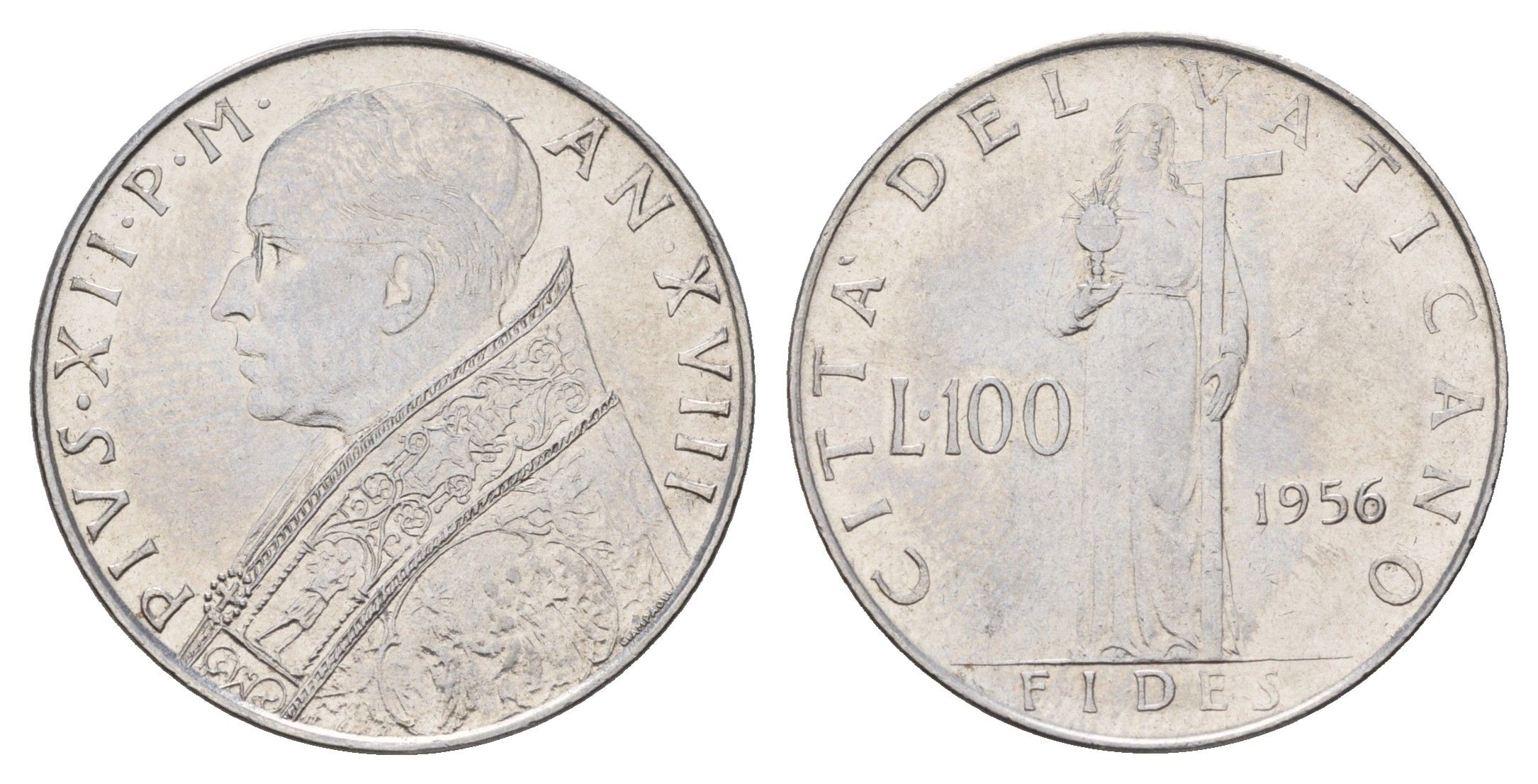 Ватикан 100 лир 1956 Пий XII (1939-1958) KM 55 нержавеющая сталь 4671-1012