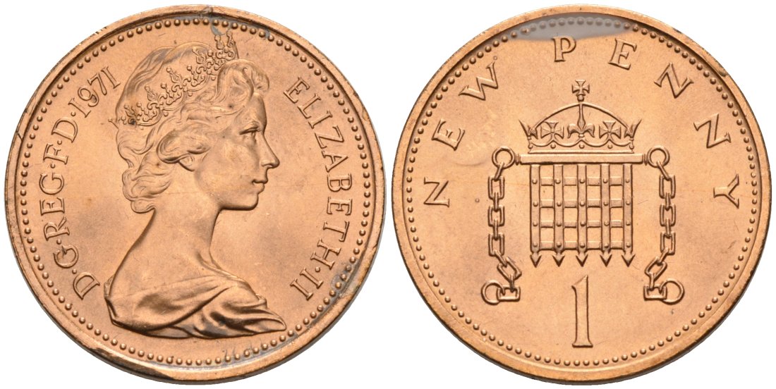 Великобритания 1 пенни 1971 Елизавета II (1952-2022) KM 915, Spink 4237 (B1) бронза 92-642