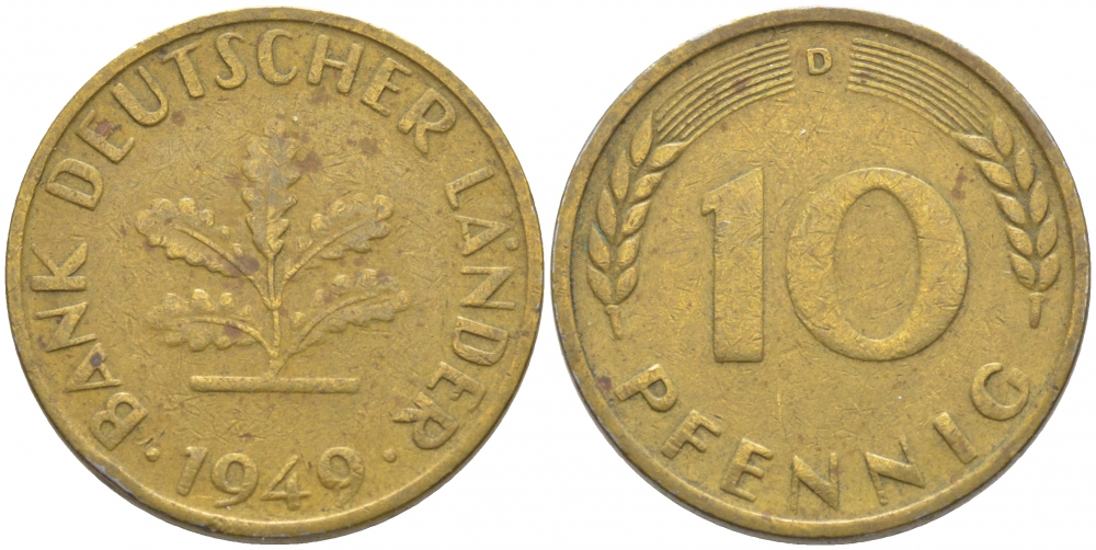 ФРГ 10 ПФЕННИГОВ 1949 D KM 103, J.378 сталь плакированная латунью 3856-343