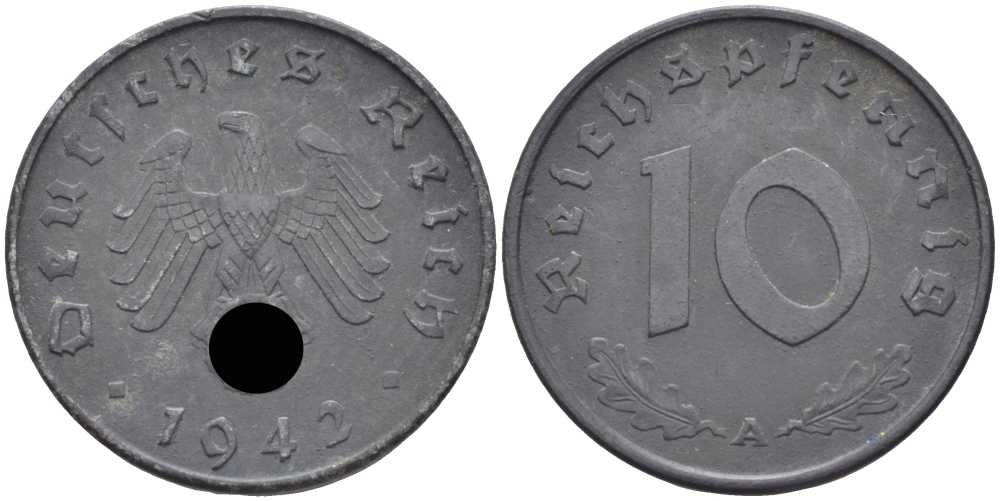 ГЕРМАНИЯ 10 РЕЙХСПФЕННИГОВ 1942 A KM 101, J. 371 цинк 4401-625