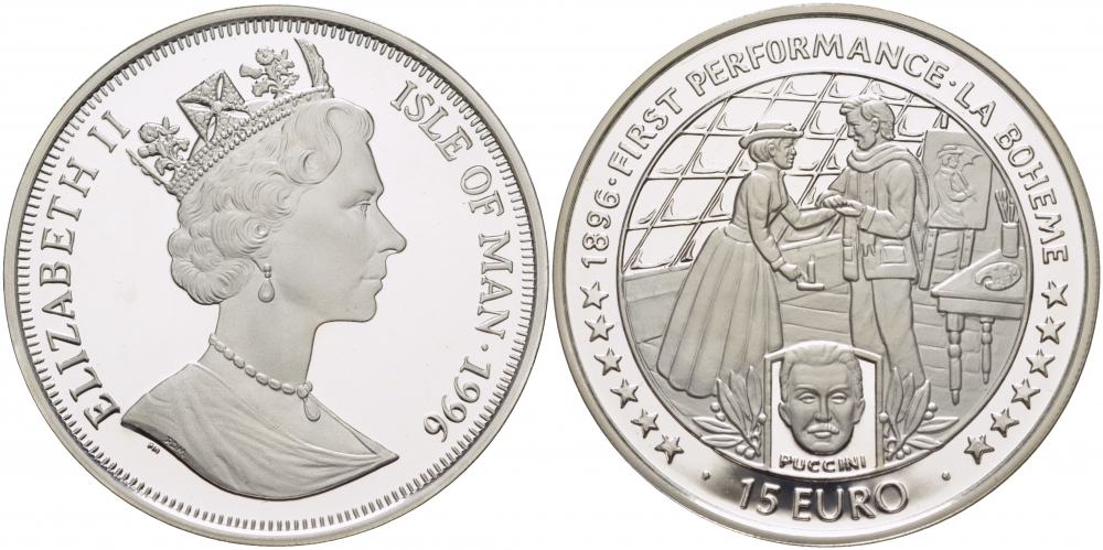 Остров Мэн 15 евро 1996 первое театральное представление 1896 год, Пуччини KM 719 серебро PROOF 11-174-21