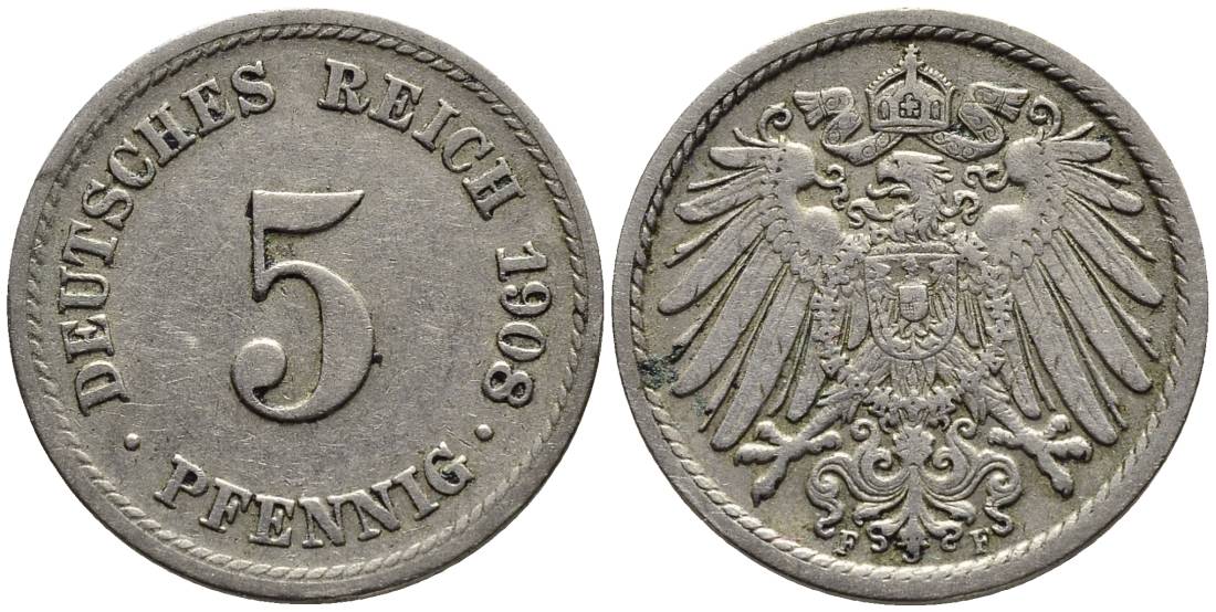 Германия 5 пфеннигов 1908 F KM 11, Jager 12, Weege 6 медно-никель 4547-466