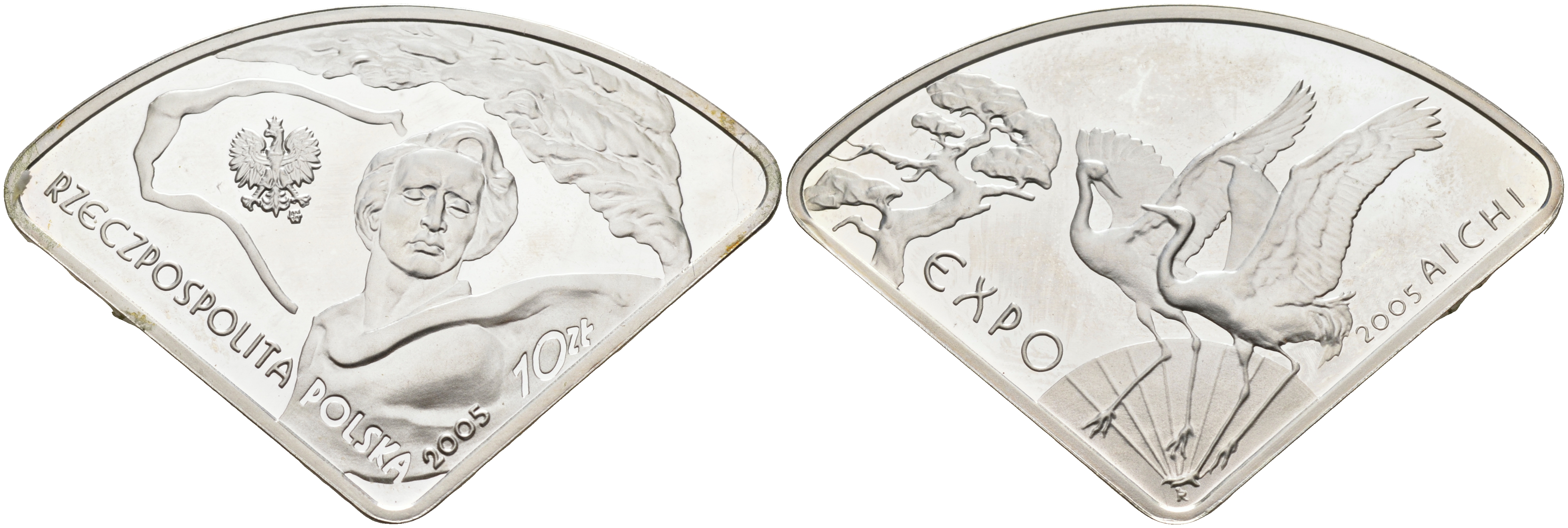 Польша 10 злотых 2005 EXPO в Японии, журавли, треугольная KM 523 серебро PROOF 11-267-13