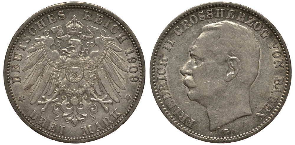 Баден 3 марки 1909 Фридрих II (1907-1918) J. 39, KM 280 серебро    3711-1634