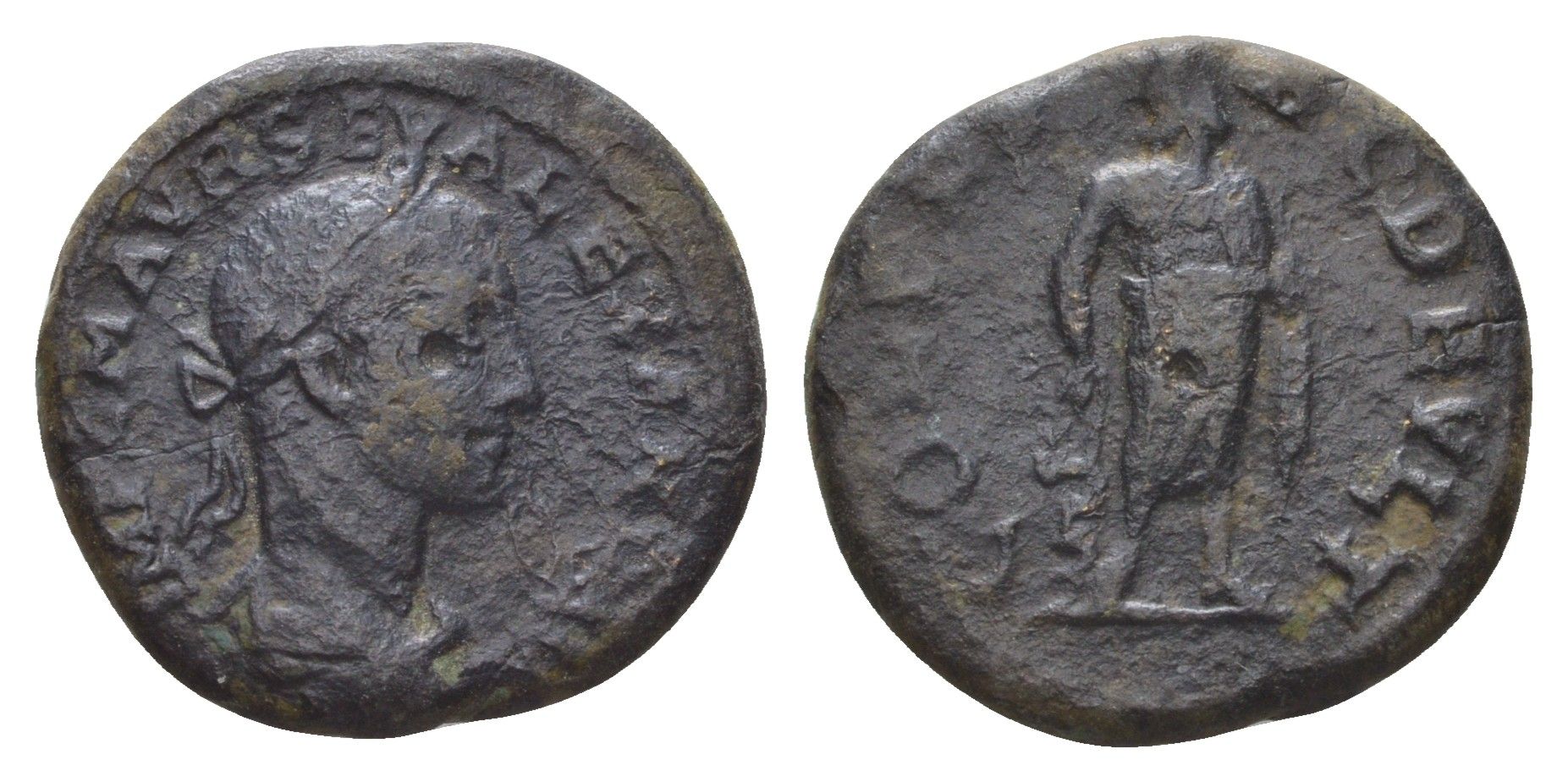 Римская Империя, Провинция Фракия, Деульт АЕ 222-235 Александр Север, IMP C M AVR SEV ALEXAND AVG, голова императора/COL FL PAC DEVLT, Асклепий Varbanov 2242 медь 1100-1-55
