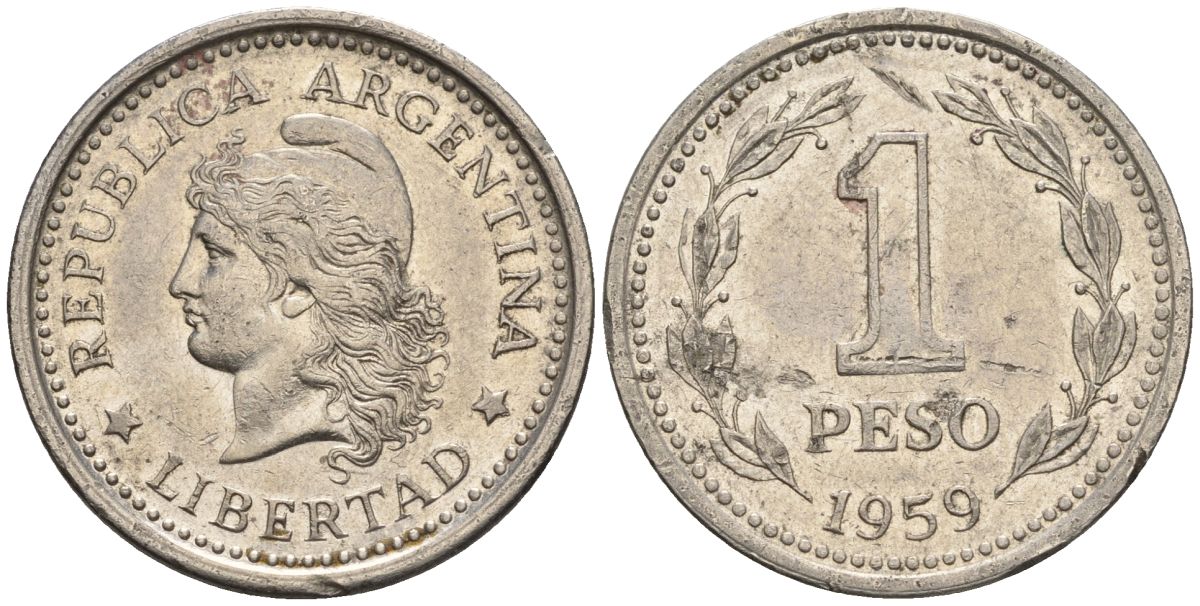 Аргентина 1 песо 1959 голова свободы влево KM 57, Schon 57 сталь плакированная никелем    60-1015