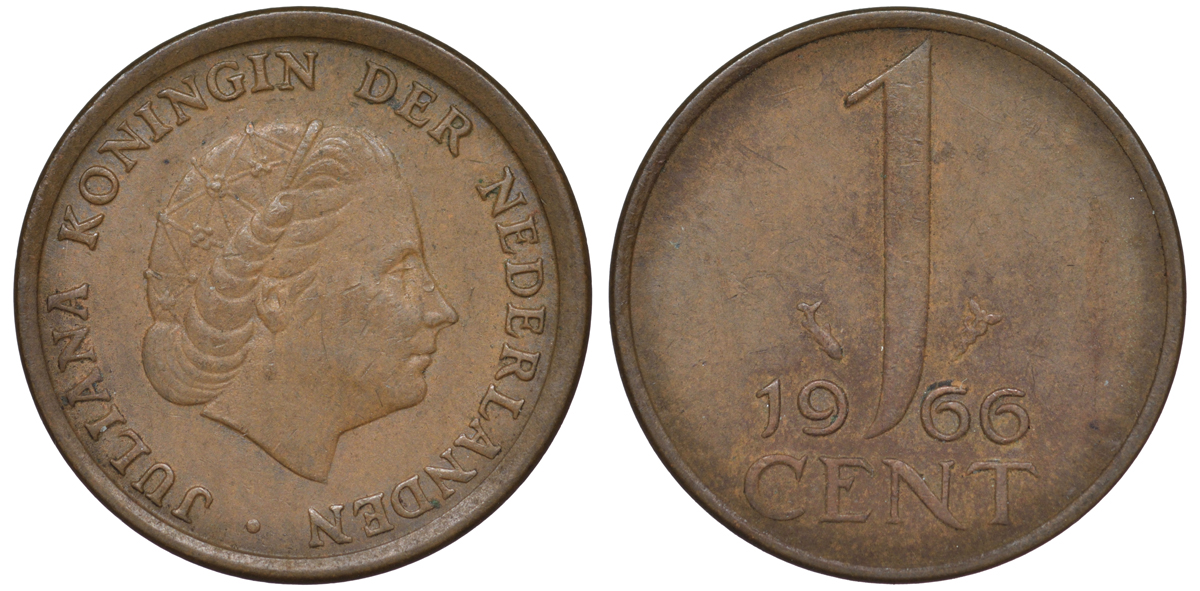 НИДЕРЛАНДЫ 1 ЦЕНТ 1966 ЮЛИАНА KM 180 бронза 45-413