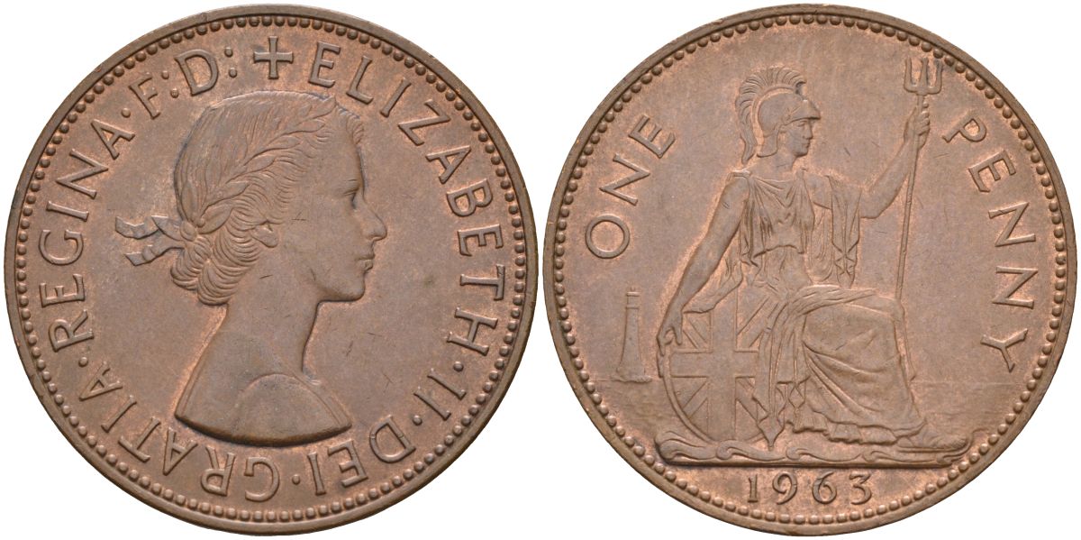 Великобритания 1 пенни 1963 Елизавета II (1952-2022) KM 897, Spink 4157 бронза 4117-846