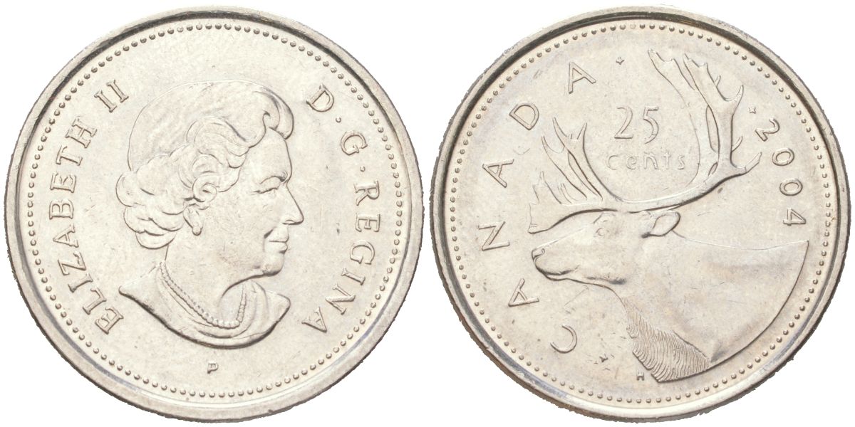 Канада 25 центов 2004 P, Елизавета II, олень KM 493 сталь плакированная никель aUNC 4143-354