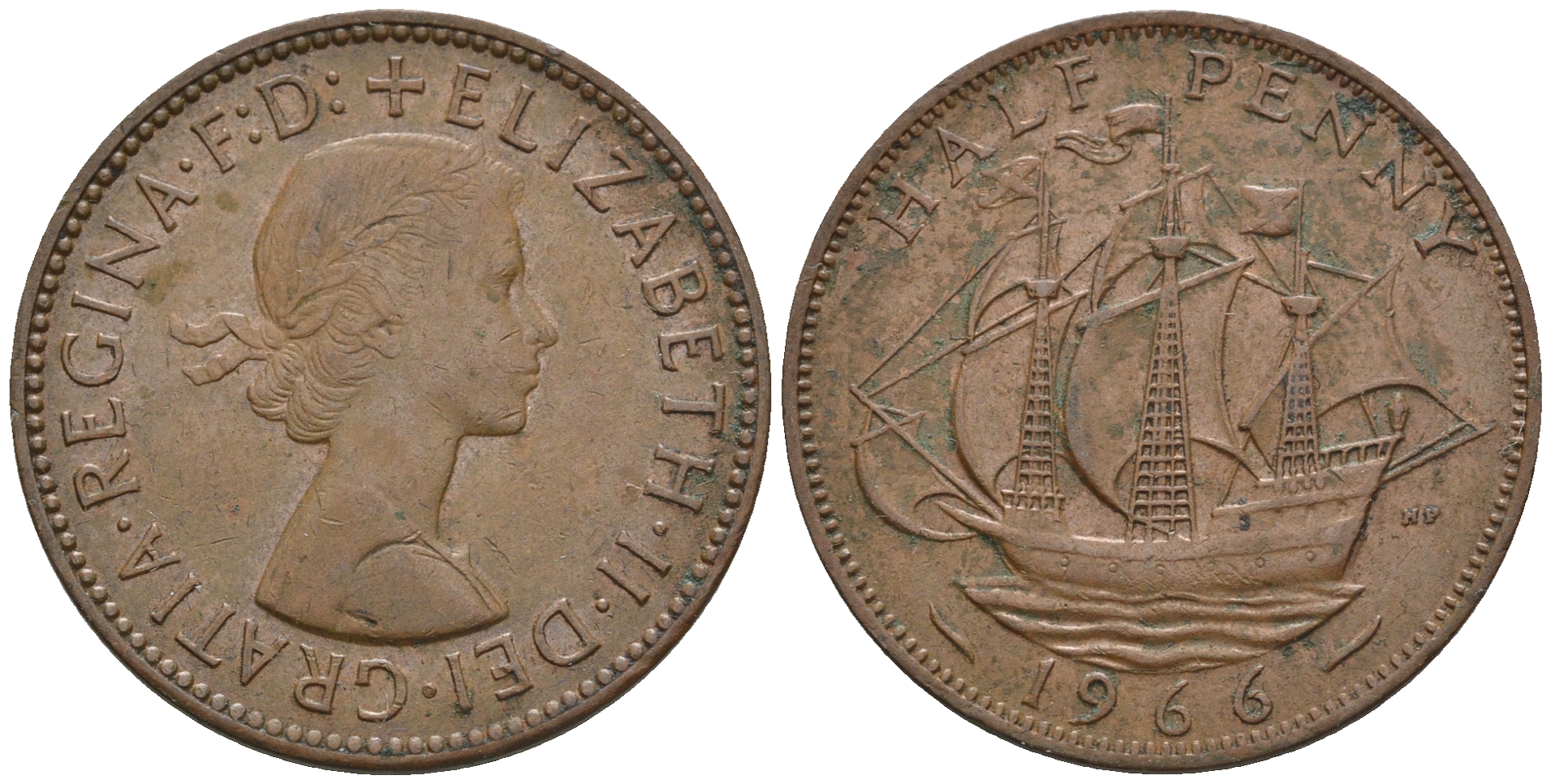 Великобритания 1/2 пенни 1966 Елизавета II (1952-2022) KM 896, Spink 4158 бронза 4610-712