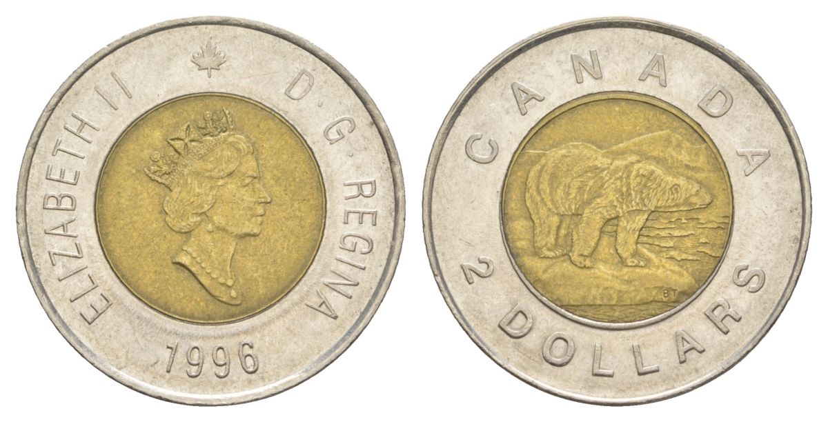 Канада 2 доллара 1996 Елизавета II (1952-2022), полярный медведь KM 270 биметалл 4631-832