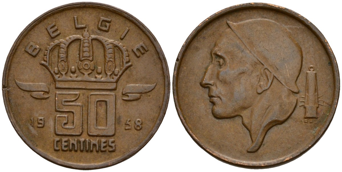 Бельгия 50 сантимов 1958 Belgie, Бодуэн I (1951-1993) KM 149 бронза 4189-855