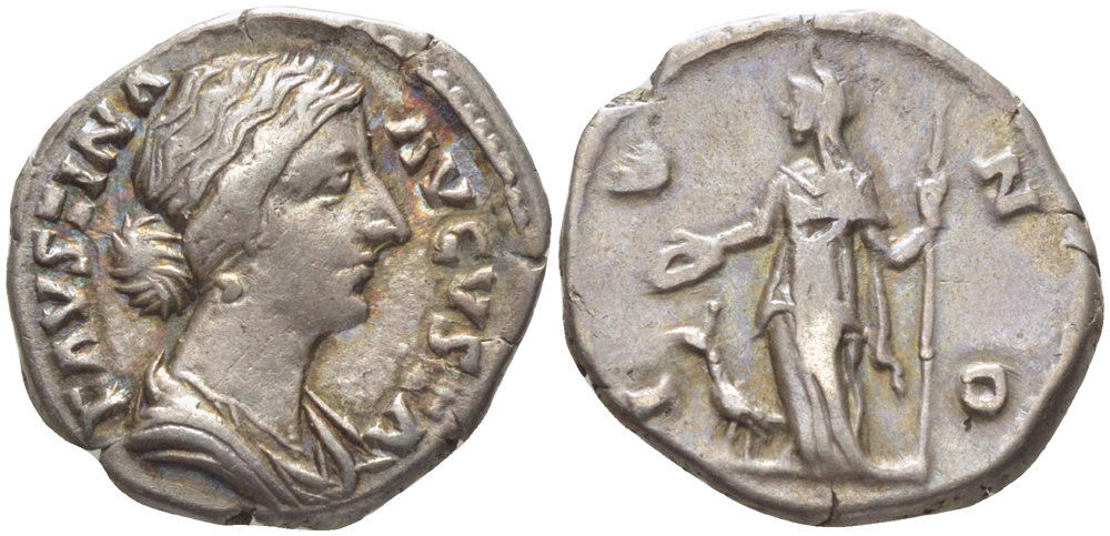 Римская Империя денарий 175 Фаустина Младшая, жена Марка Аврелия, FAVSTINA AVGVSTA, бюст императрицы / IVNO, Юнона, Рим, 3,51 гр RIC 689 серебро 1073-18-51