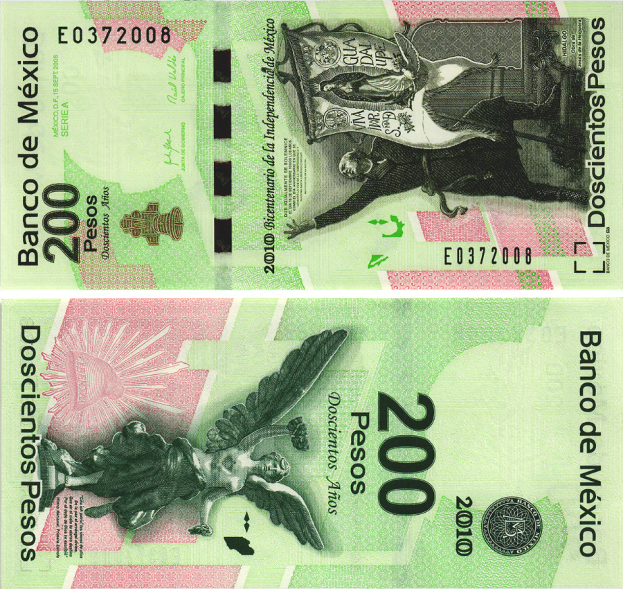 Мексика 200 песо 2008 (2010) 200 лет независимости Мексики, серия A, префикc E Pick 129e бумага UNC-445-9-3