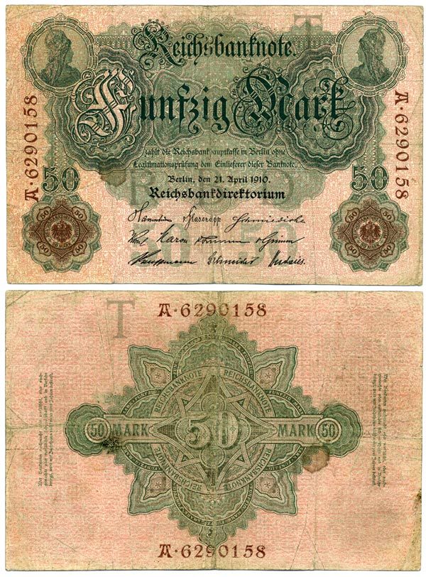 ГЕРМАНИЯ 50 МАРОК 1910 21 АПРЕЛЯ 1910 Pick 41 бумага 7486-74-2