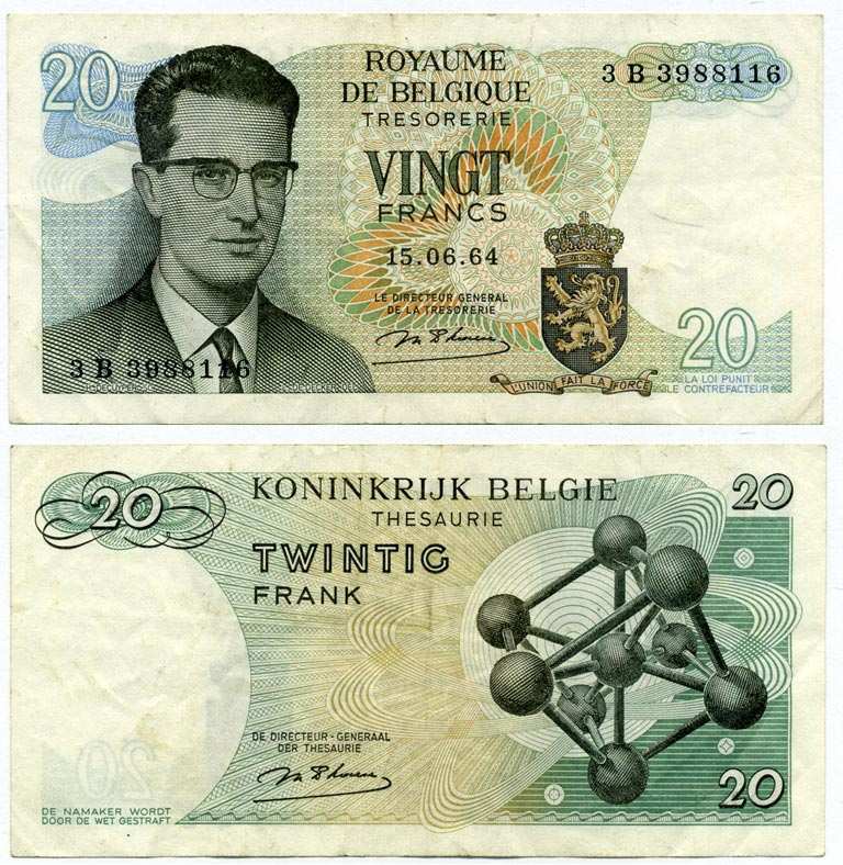 Бельгия 20 франков 1964 Бодуэн I, атомиум, d Haeze Pick 138 (1) бумага 6262-51-2-1