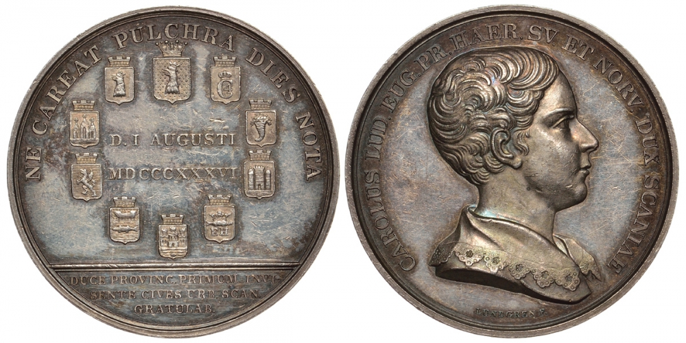 Швеция медаль 1836 на посещение Карлом XIV своего 10-ти летнего внука (в последствии Карла XV), 43,0 мм, 46,7 гр Hildebrand II, S. 453, 1 серебро aUNC 00-811-29