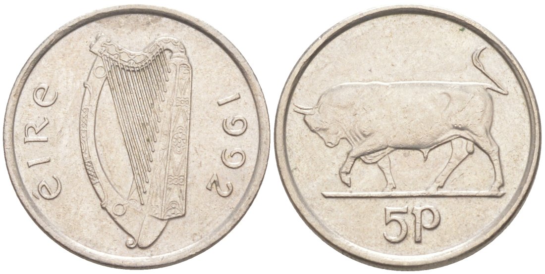 Ирландия 5 пенсов 1992 бык KM 28 медно-никель 188-125