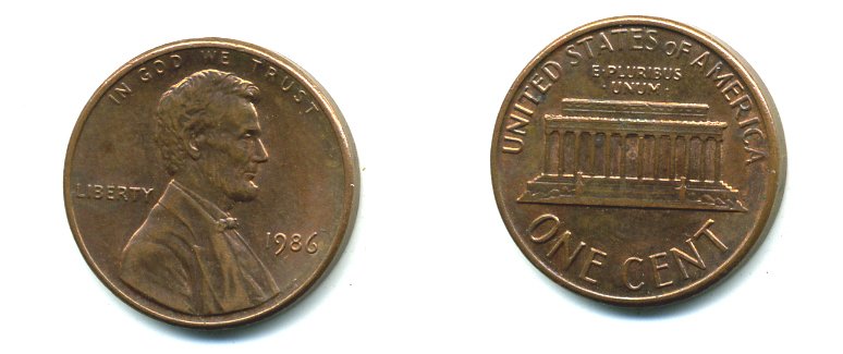 США 1 ЦЕНТ 1986 KM 201b цинк плакированный медью 46-723