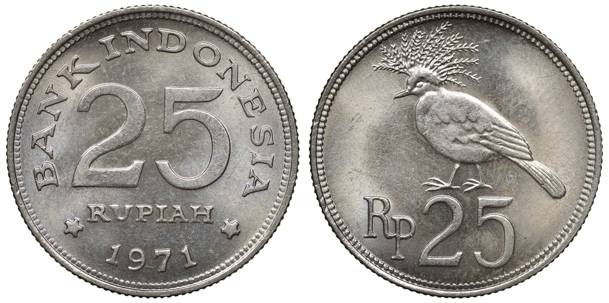 Индонезия 25 рупий 1971 год тип, венценосный голубь KM 34 медно-никель aUNC 4118-143