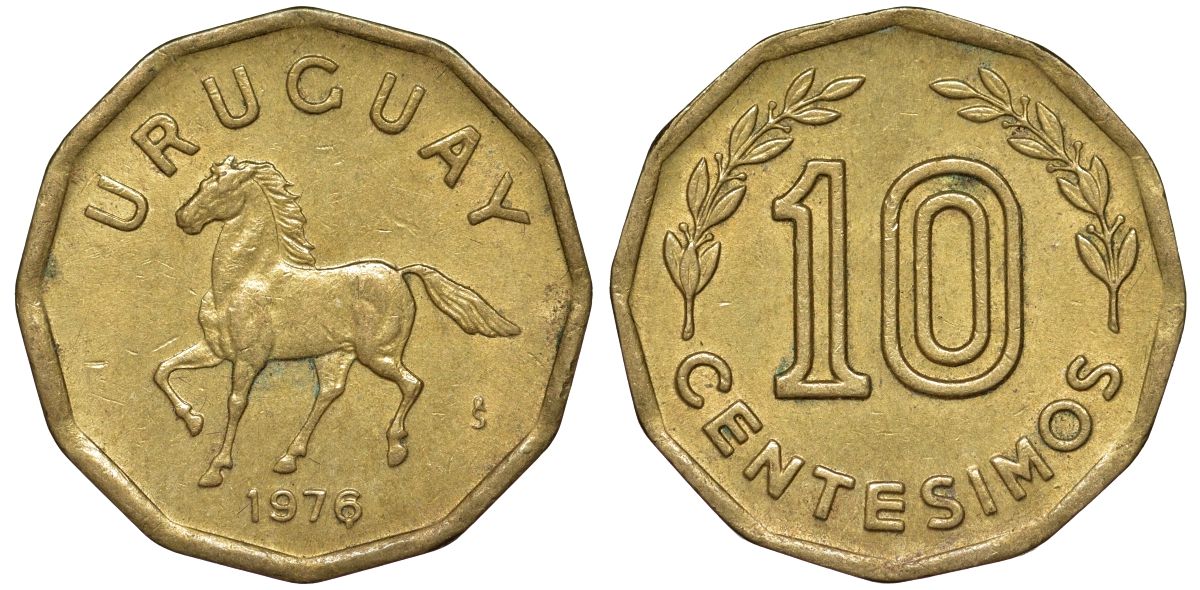 Уругвай 10 сентесимо 1976 KM 66 алюминиевая бронза 4164-737