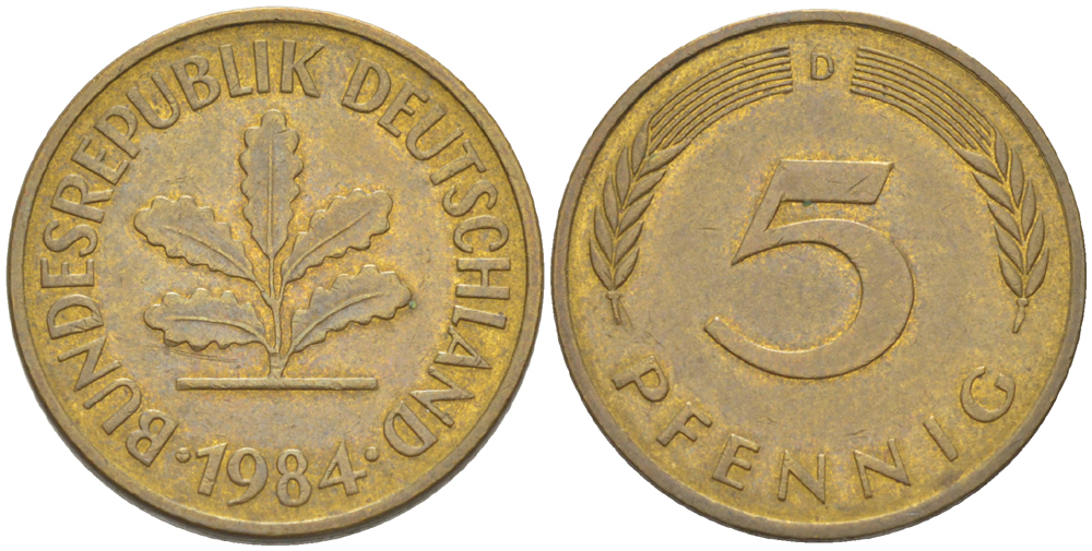 ФРГ 5 ПФЕННИГОВ 1984 D KM 107, J. 382 сталь плакированная латунью 4181-1021