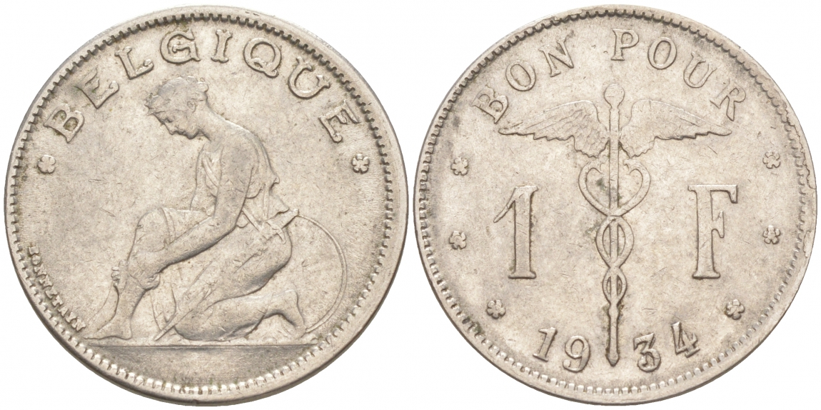 БЕЛЬГИЯ 1 ФРАНК 1934 BELGIQUE KM 89 никель 68-331