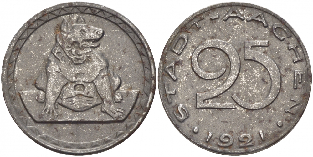 ААХЕН 25 ПФЕННИГОВ 1921 НОТГЕЛЬД, ВЕСТФАЛИЯ железо 3856-1026