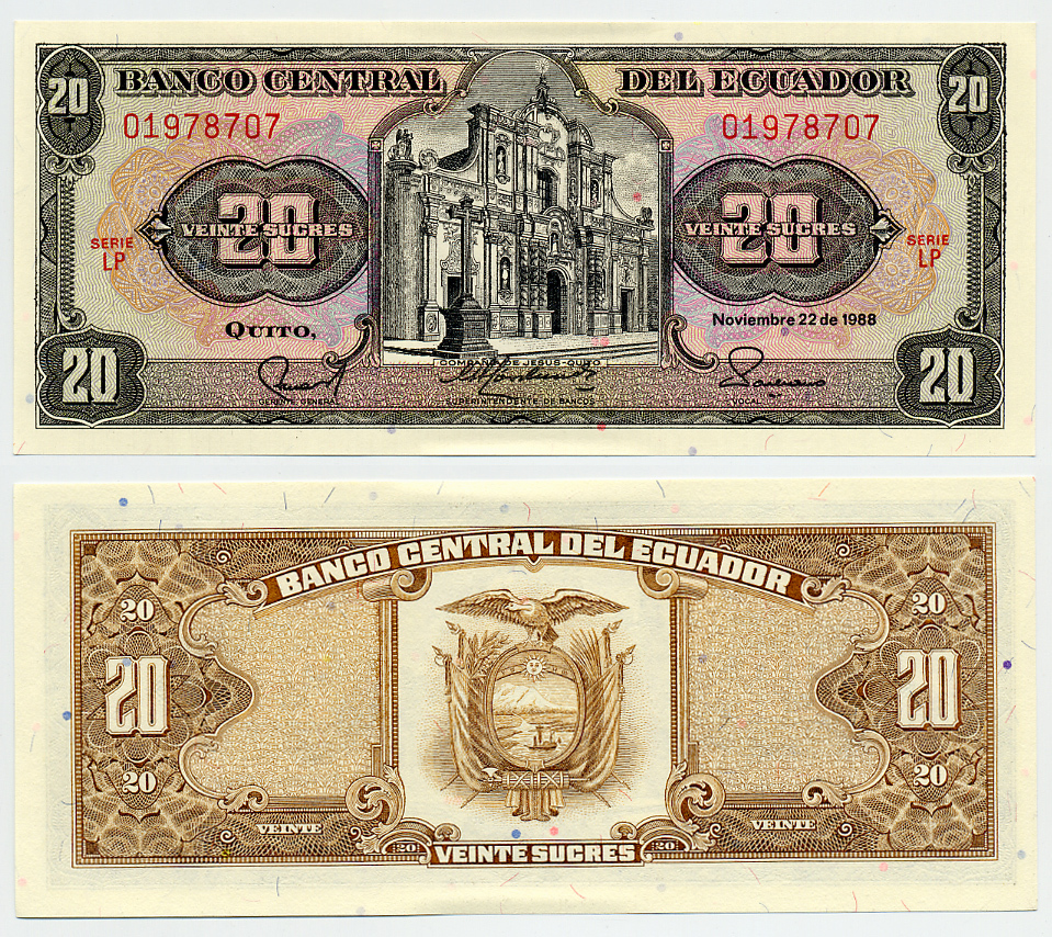 ЭКВАДОР 20 СУКРЕ 1988 Pick 121Аа бумага aUNC 6283-5-2