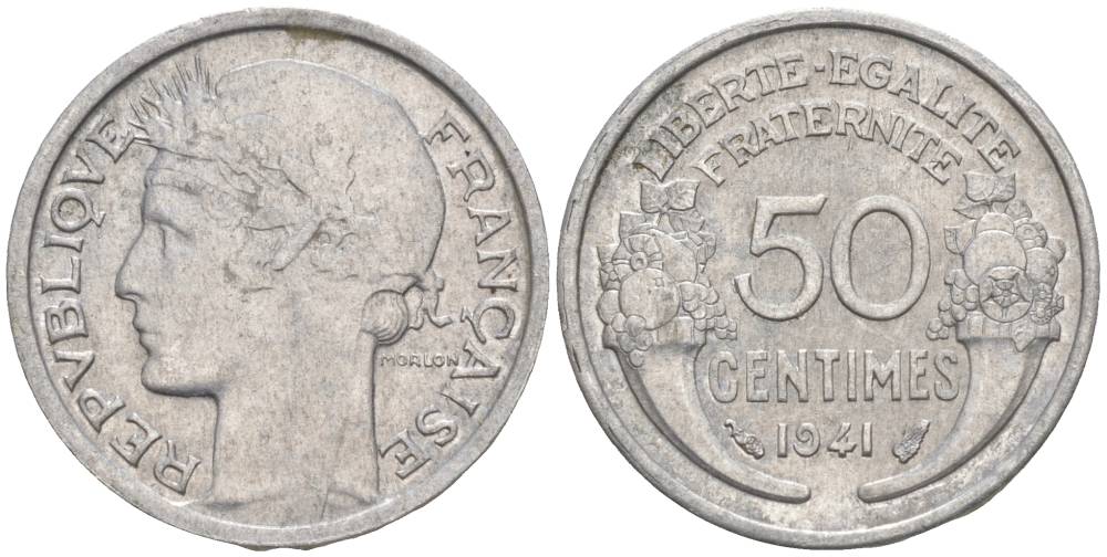 ФРАНЦИЯ 50 САНТИМОВ 1941 ТИП MORLON LOURDE KM 894.1a, LE FRANC 193.2 алюминий 44-238