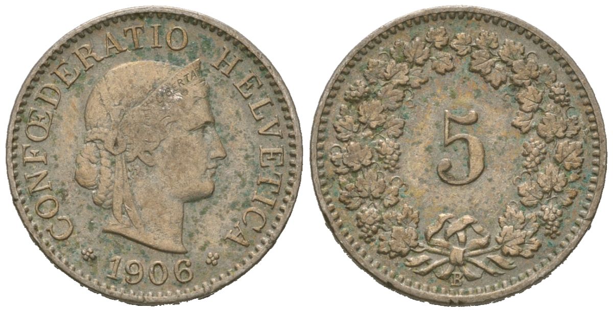 Швейцария 5 раппенов 1906 B KM 26 медно-никель 4615-523